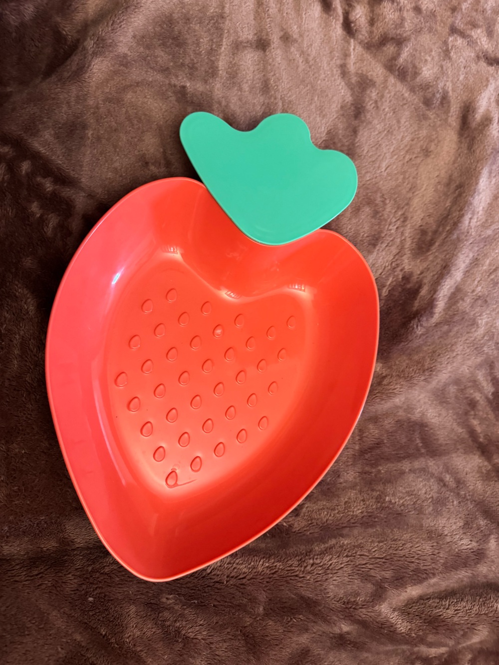 Strawberry-Shaped Red Plastic Serving Dish with Green Leaf Dip Compartment